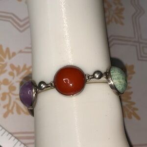 Multi-Stone Silver Bracelet with Red, Purple and Green Cabochons